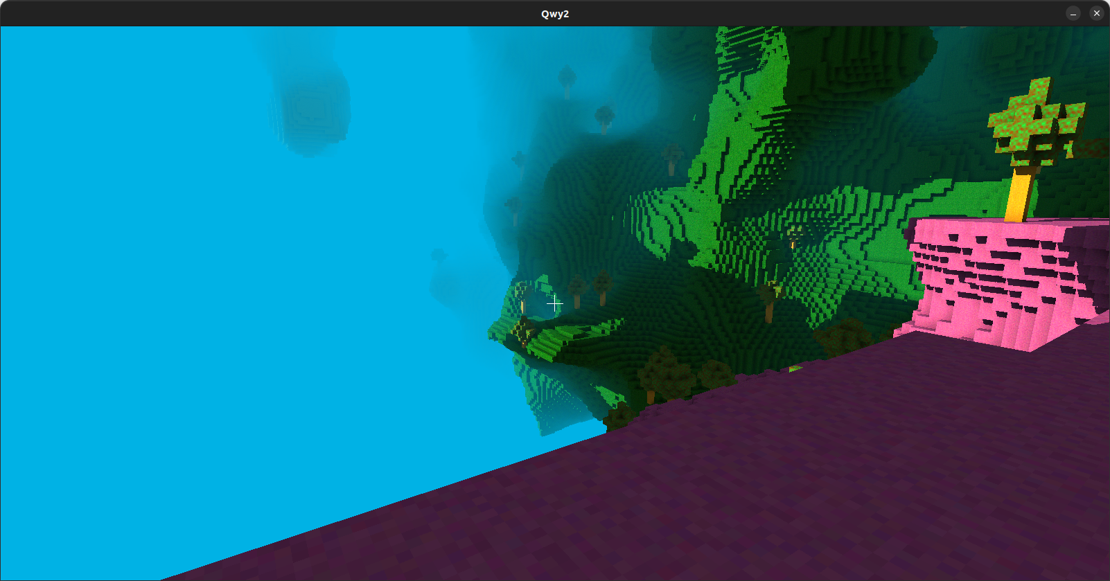 Image of some Qwy2 world with two biomes near some empty sky.